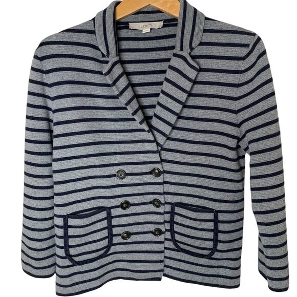 Loft Coatigan Women's Medium Gray Blue Cotton Stretch Striped Double Breasted - Picture 1 of 6
